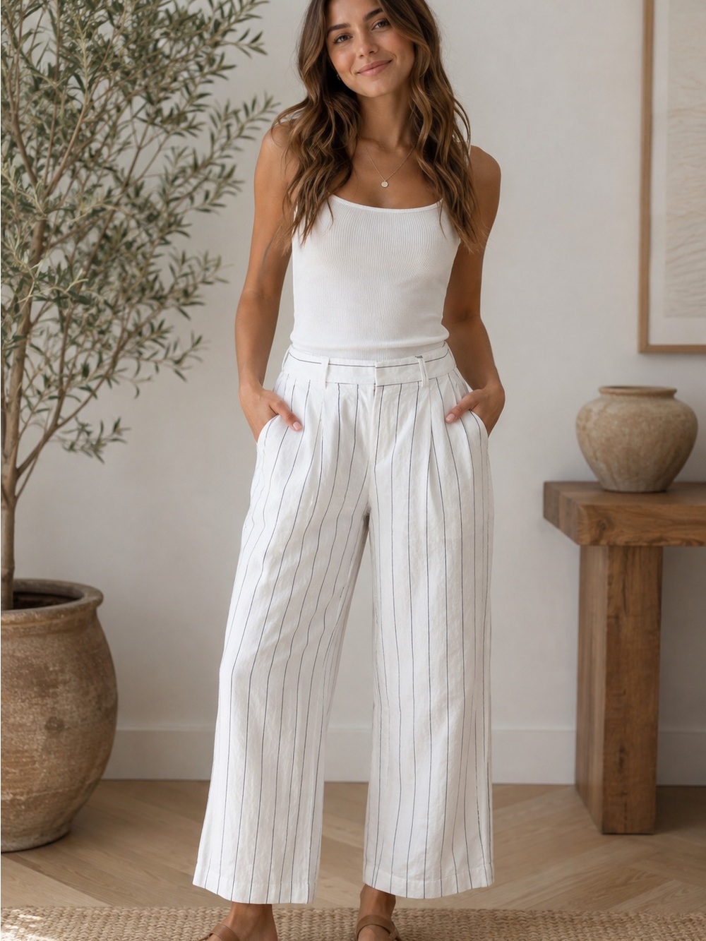 Women's White Pinstripe Wide Leg Pants High Rise Pleated Summer 6 Linen blend